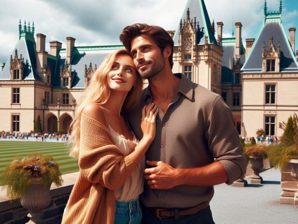 A couple enjoying in front of BILTMORE ESTATE Asheville, NC -  Best Date Ideas in Asheville - An AI Generated Image
